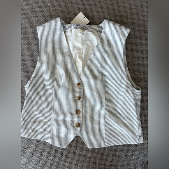Zara Striped Waistcoat Vest Large  Cotton Buttoned brand new - Picture 3 of 9